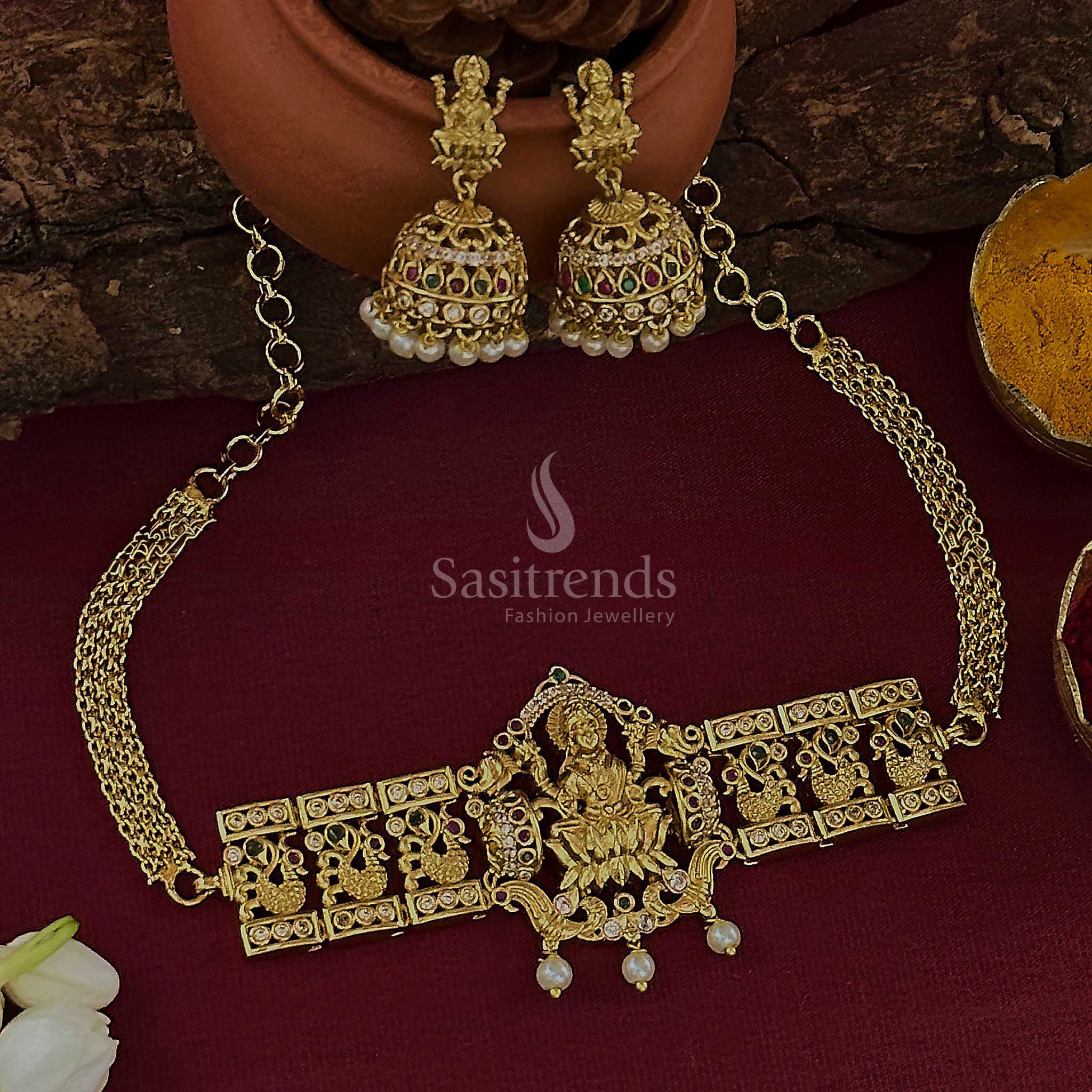 Temple Gold Plated Lakshmi & Peacock Choker Necklace with Jhumkas - Trendy Traditional Jewellery - Sasitrends