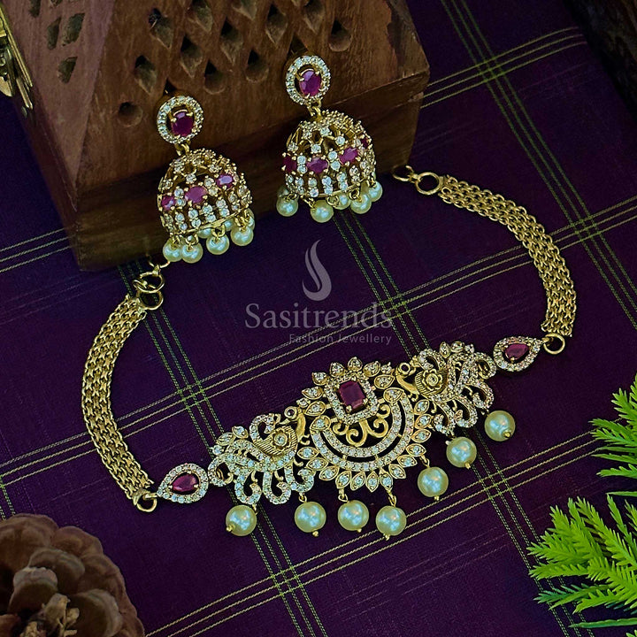 Gorgeous Peacock Motifs Temple Matte Gold Tone Pearl Choker AD Jewellery Set with Jhumkas | Sasitrends