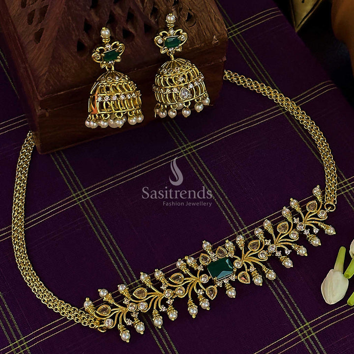 New Temple Matte Gold Plated Choker Pearl Jewellery Set with AD Stones and Pearl Jhumkas for Women | Sasitrends