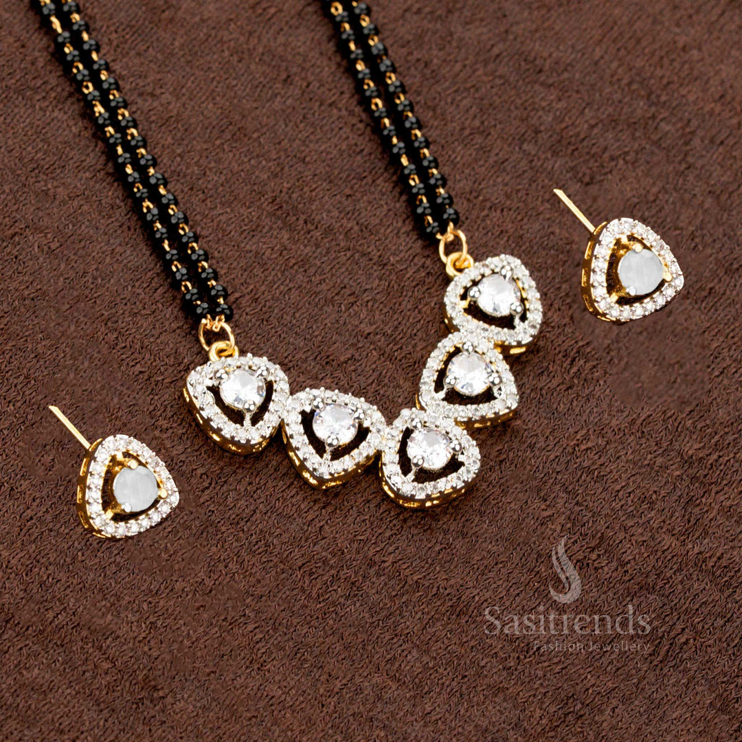 Royal white AD pendant set with a Mangalsutra chain, featuring a tri-petal drop design and matching earrings, micro gold plated for a luxurious traditional jewellery appeal - Sasitrends