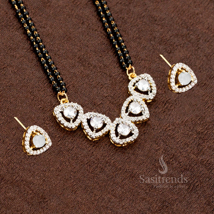 American Diamond Pendant Set with Mangalsutra Chain – Tri-Petal Drop Design & Matching Earrings - Sasitrends