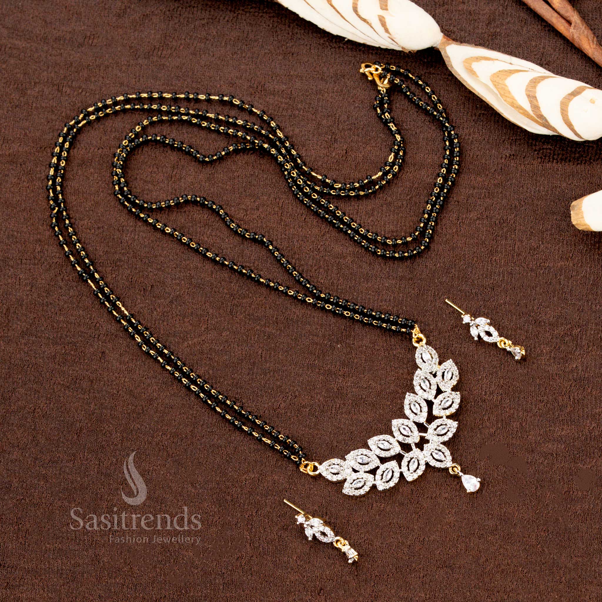 Gold Plated Pendant and Earring Set with Black Beaded Chain - Sasitrends
