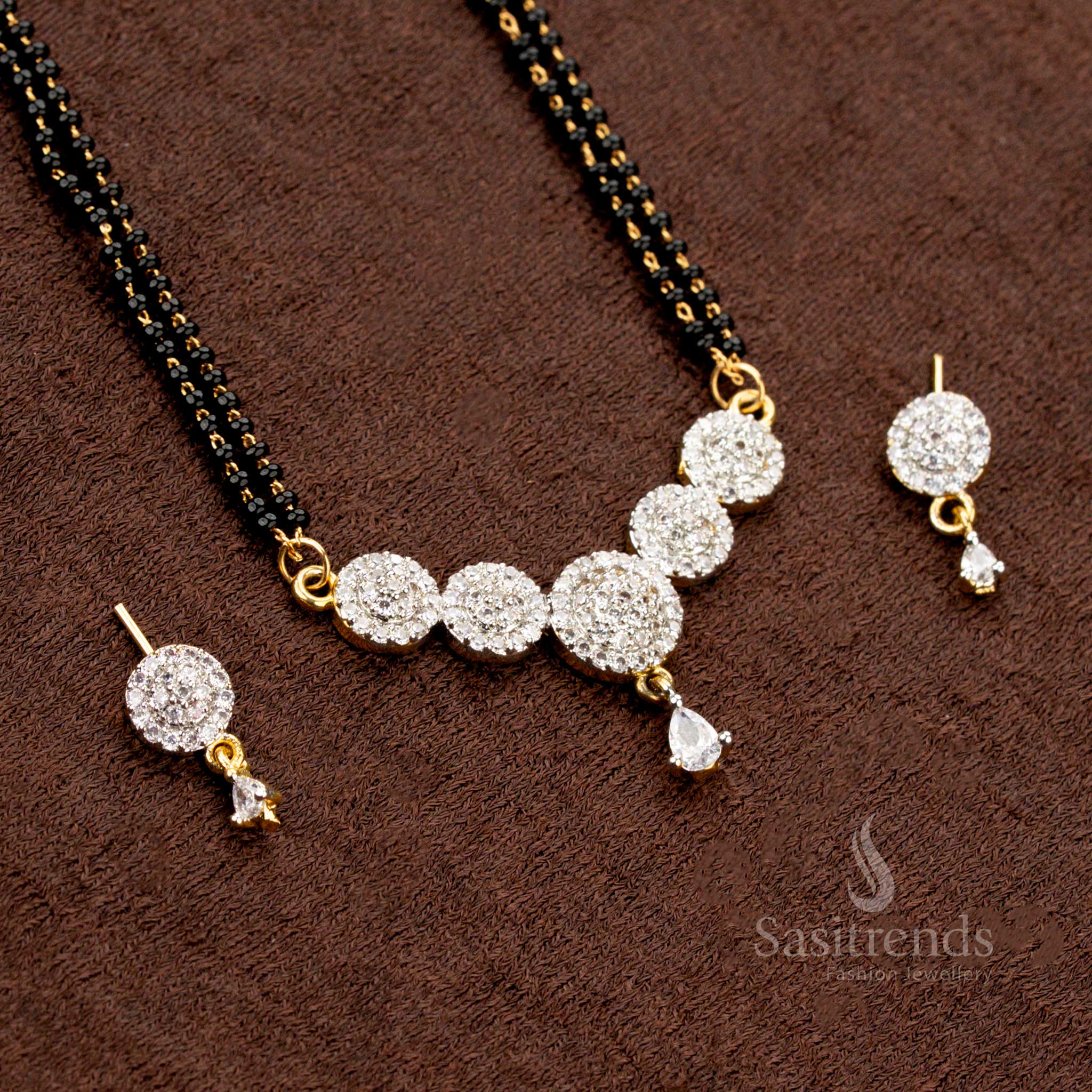 Gold Plated Pendant and Earring Set with Black Beaded Chain - Sasitrends