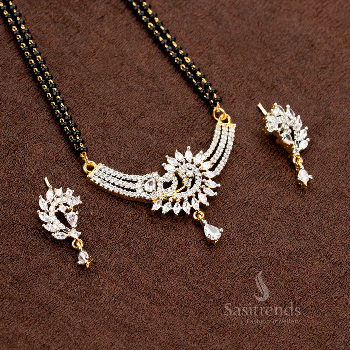 Fan Pattern American Diamond Pendant with Triple Bead Mangalsutra - Sasitrends
