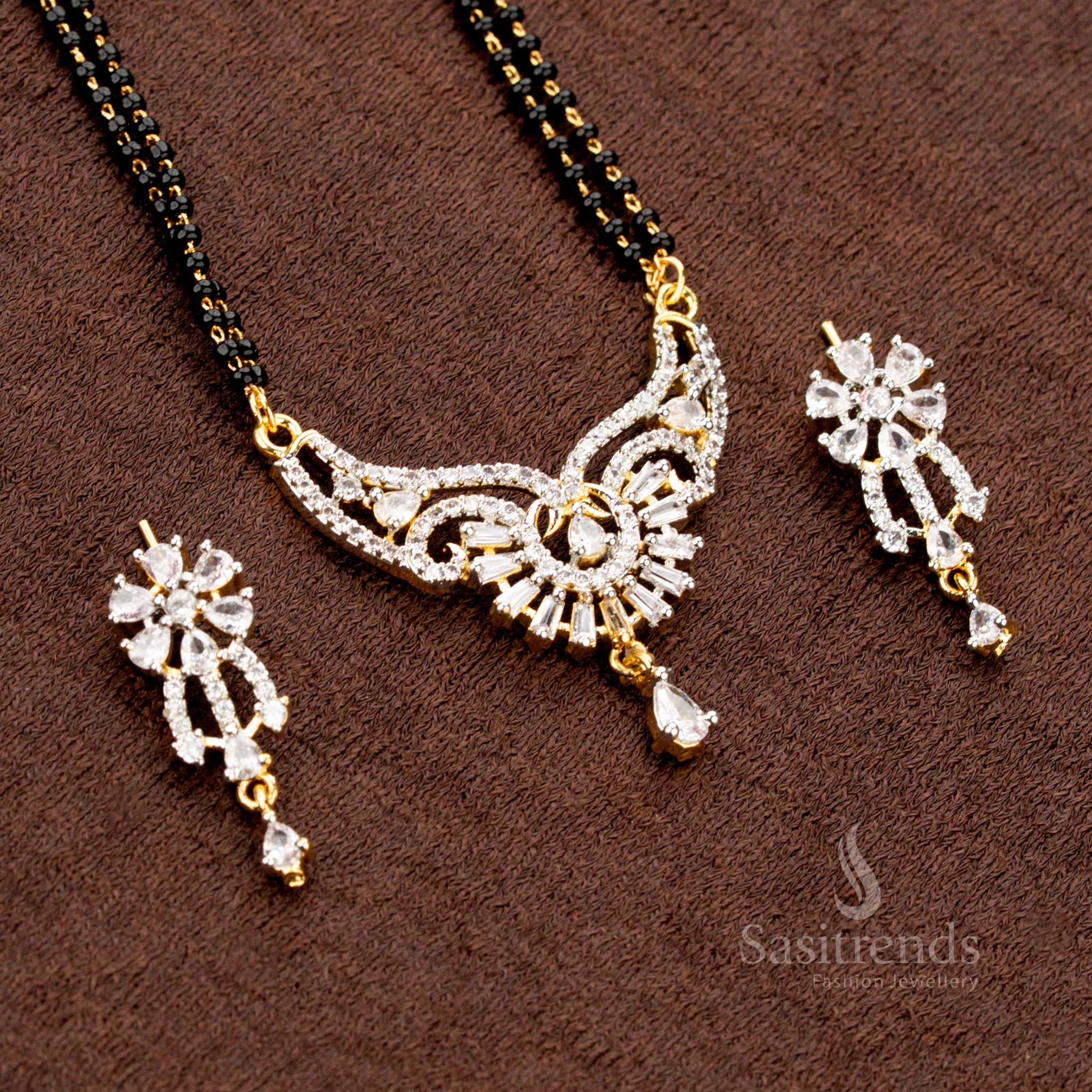 Gold Plated Pendant and Earring Set with Black Beaded Chain - Sasitrends