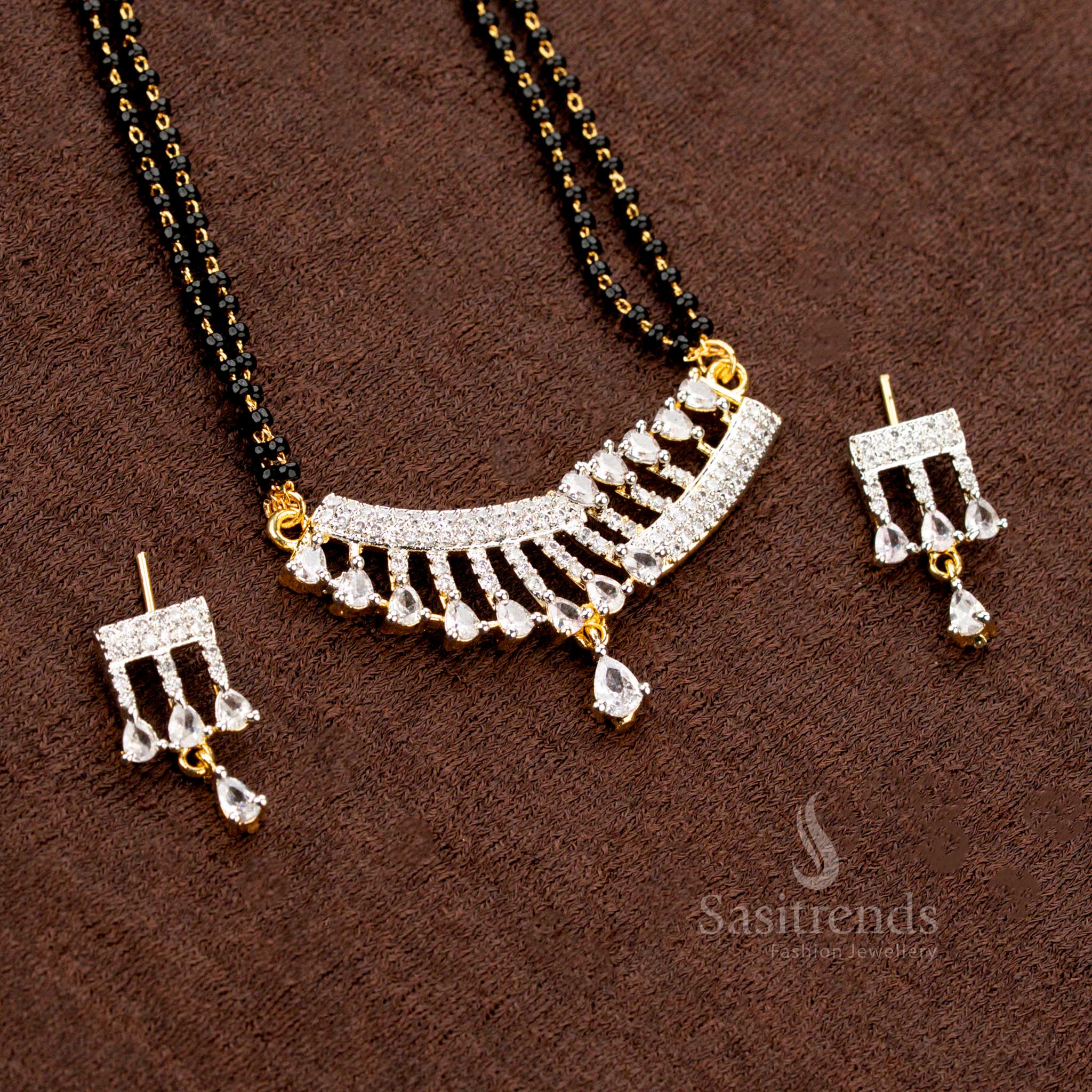 Gold Plated Pendant and Earring Set with Black Beaded Chain - Sasitrends