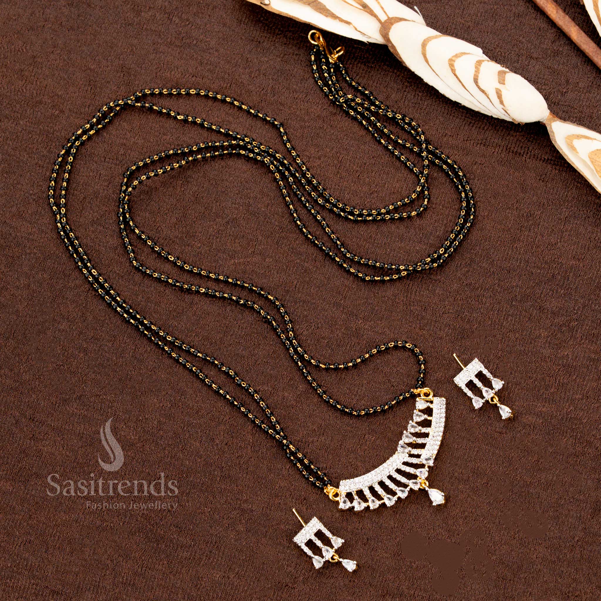Fan Pattern American Diamond Pendant with Triple Bead Mangalsutra - Sasitrends
