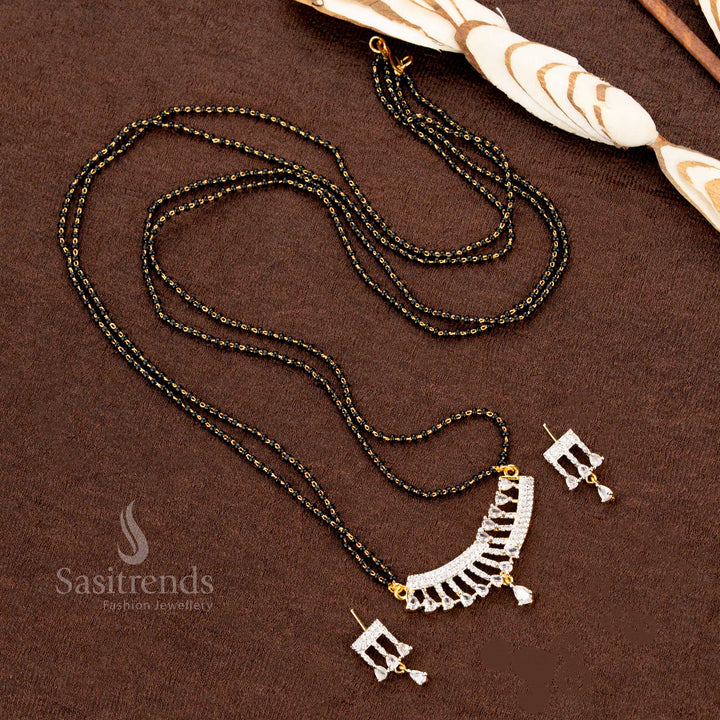 Fan Pattern American Diamond Pendant with Triple Bead Mangalsutra - Sasitrends