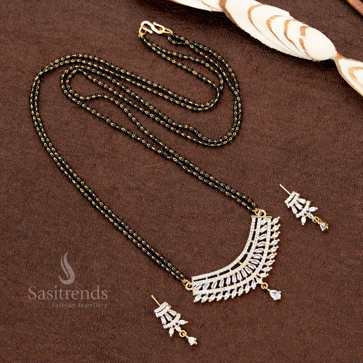 Fan Pattern American Diamond Pendant with Triple Bead Mangalsutra - Sasitrends