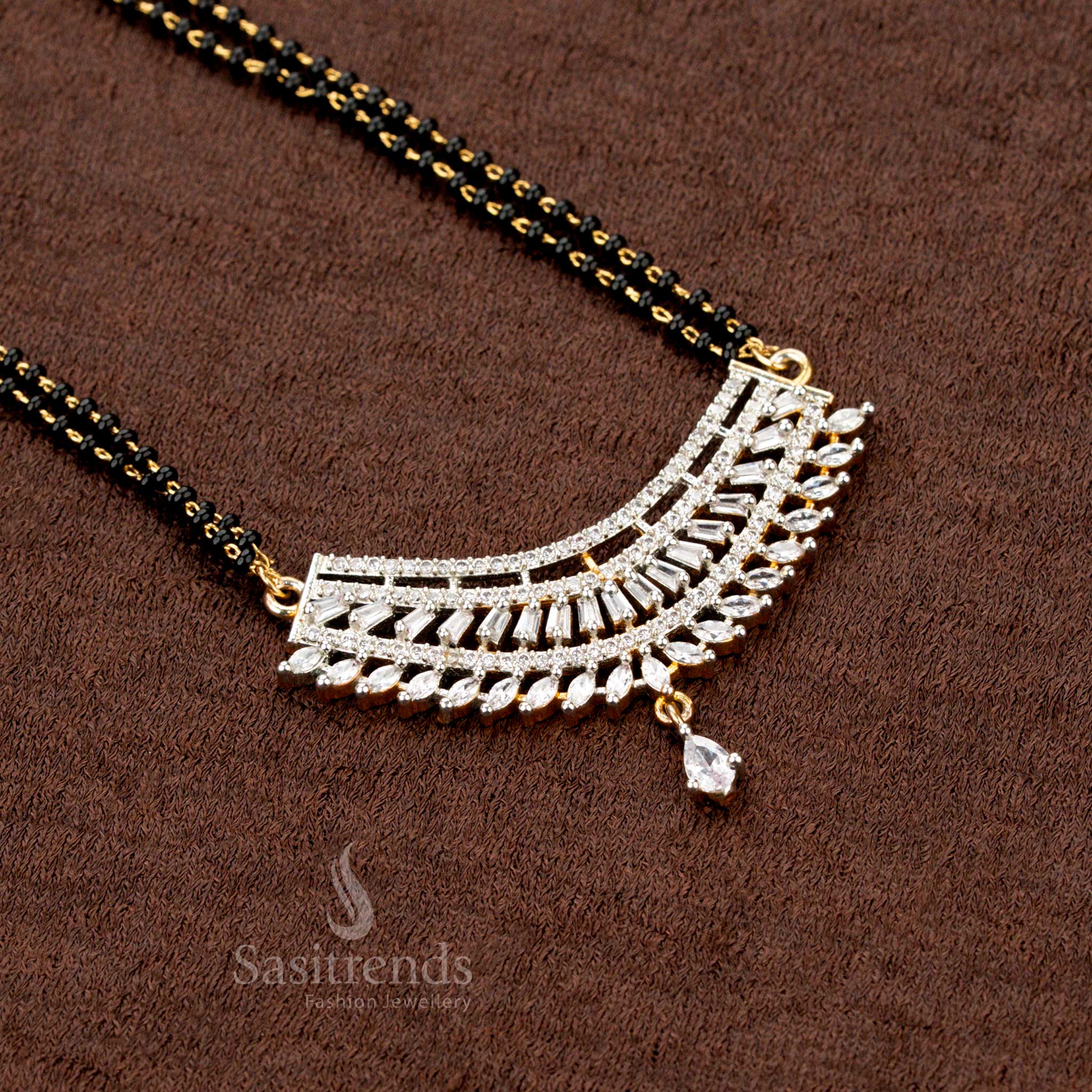 Fan Pattern American Diamond Pendant with Triple Bead Mangalsutra - Sasitrends