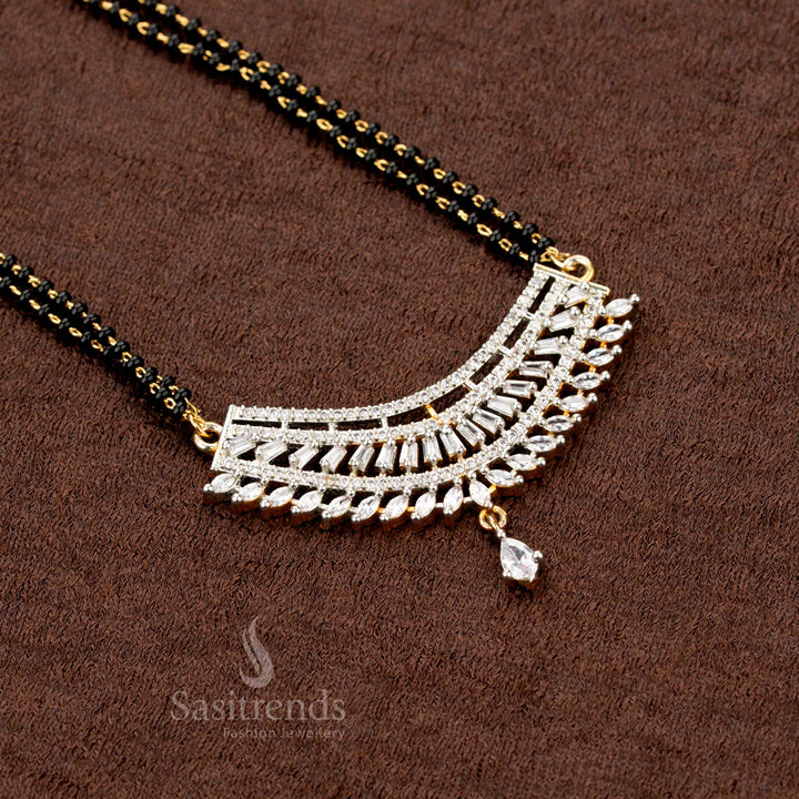 Fan Pattern American Diamond Pendant with Triple Bead Mangalsutra - Sasitrends