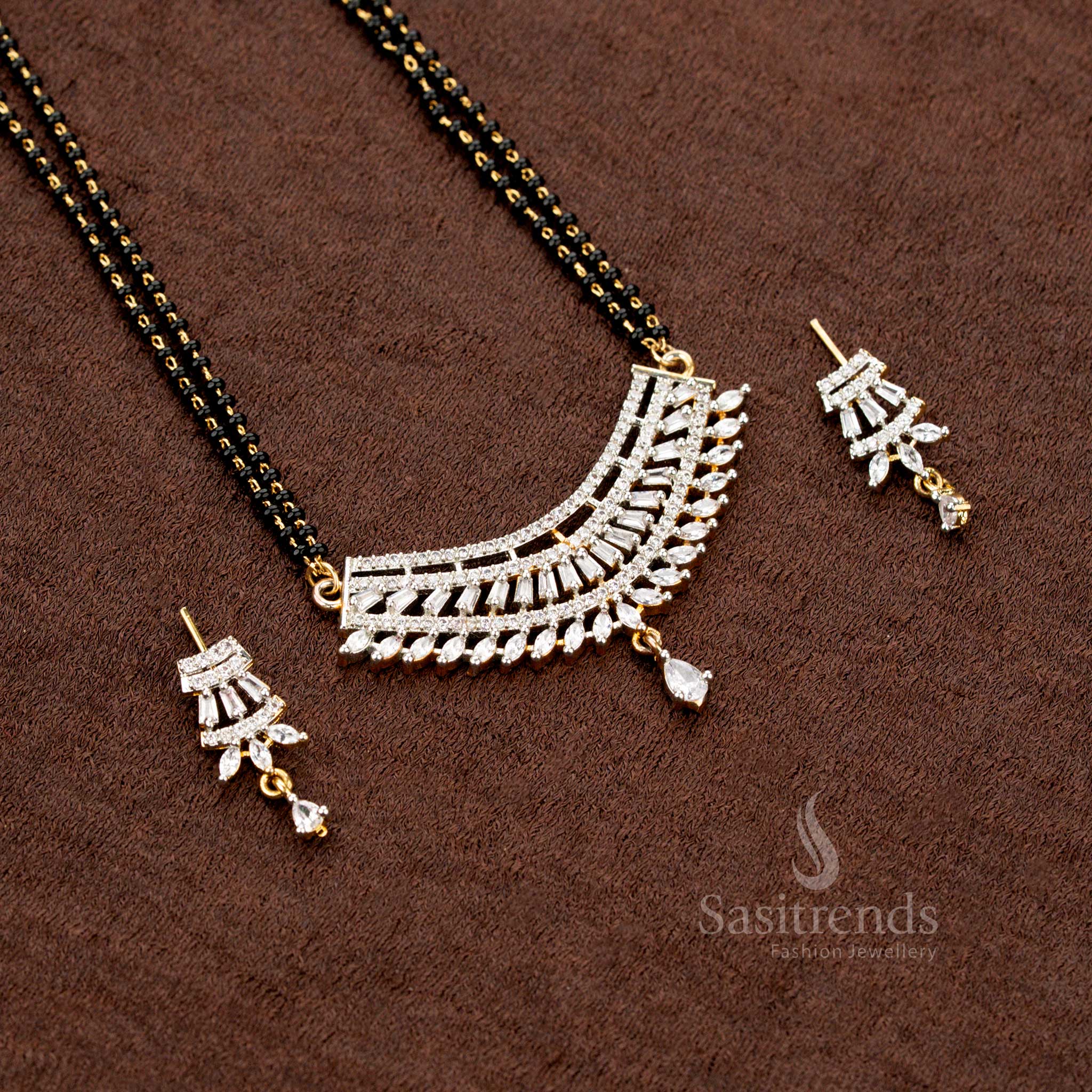 Fan Pattern American Diamond Pendant with Triple Bead Mangalsutra - Sasitrends