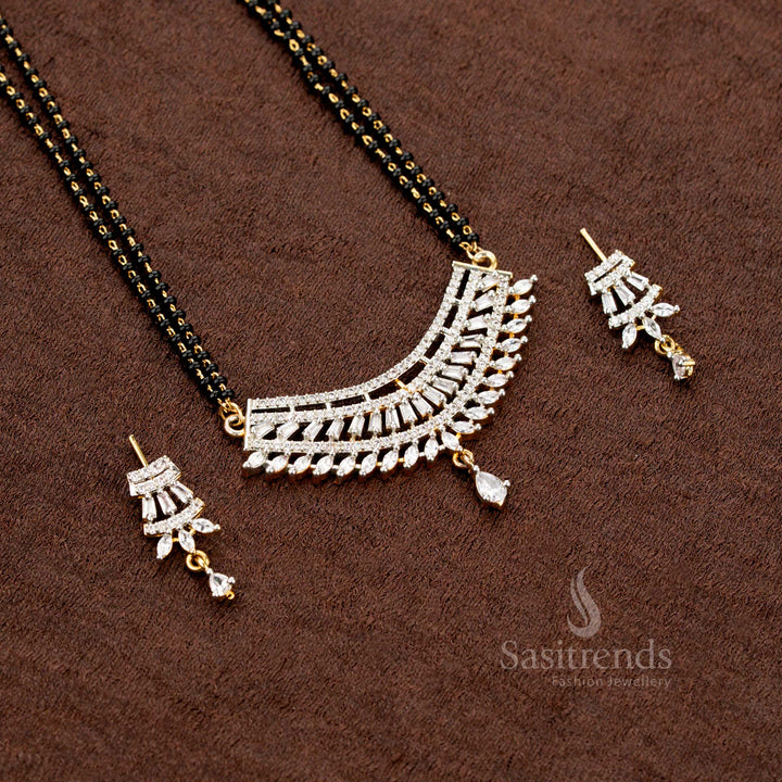 Fan Pattern American Diamond Pendant with Triple Bead Mangalsutra - Sasitrends