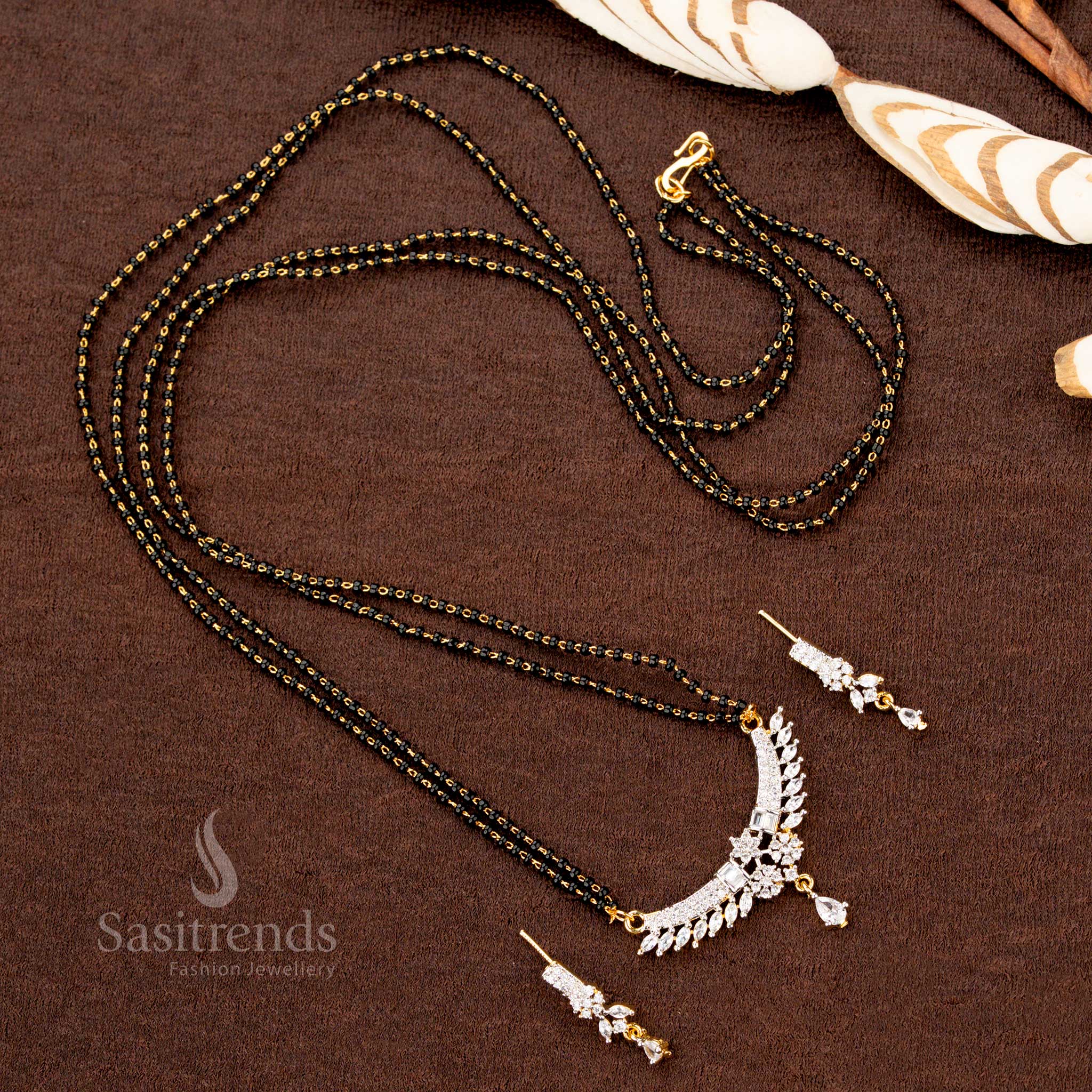 Gold Plated Pendant and Earring Set with Black Beaded Chain - Sasitrends