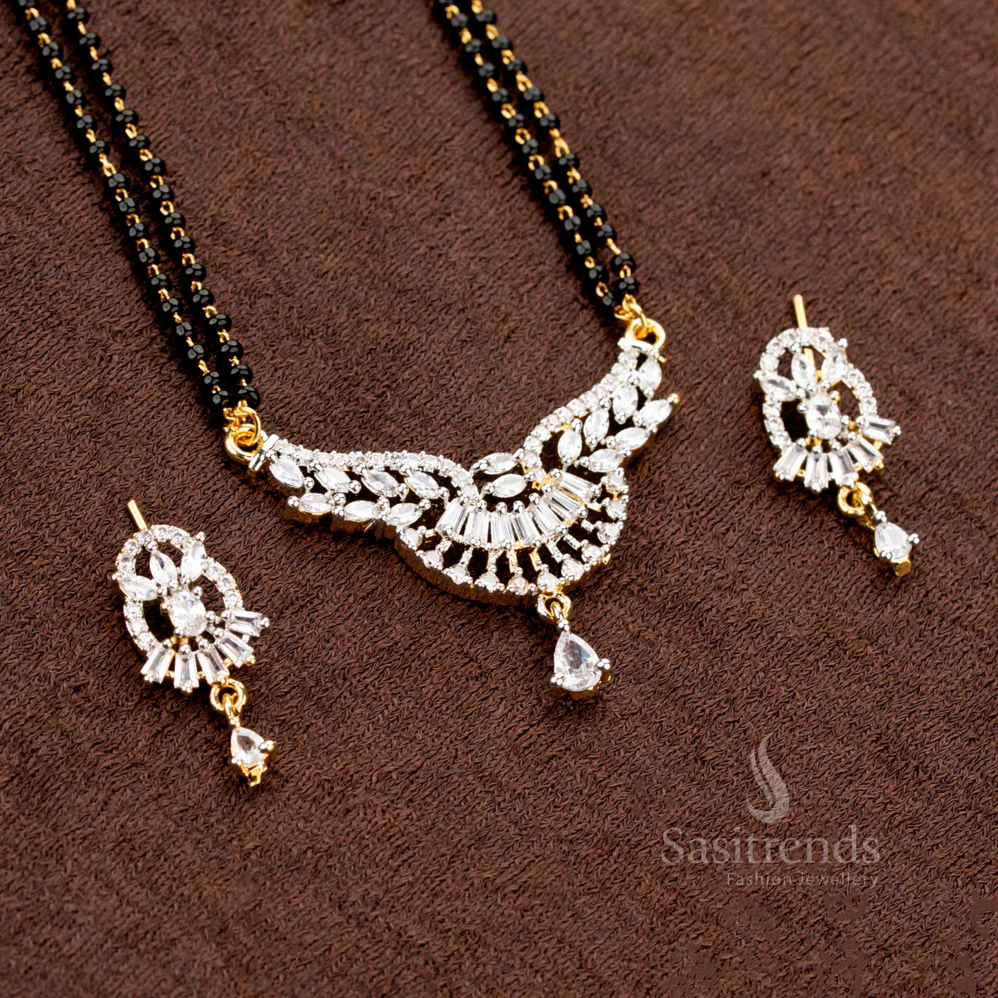 Gold Plated Pendant and Earring Set with Black Beaded Chain - Sasitrends