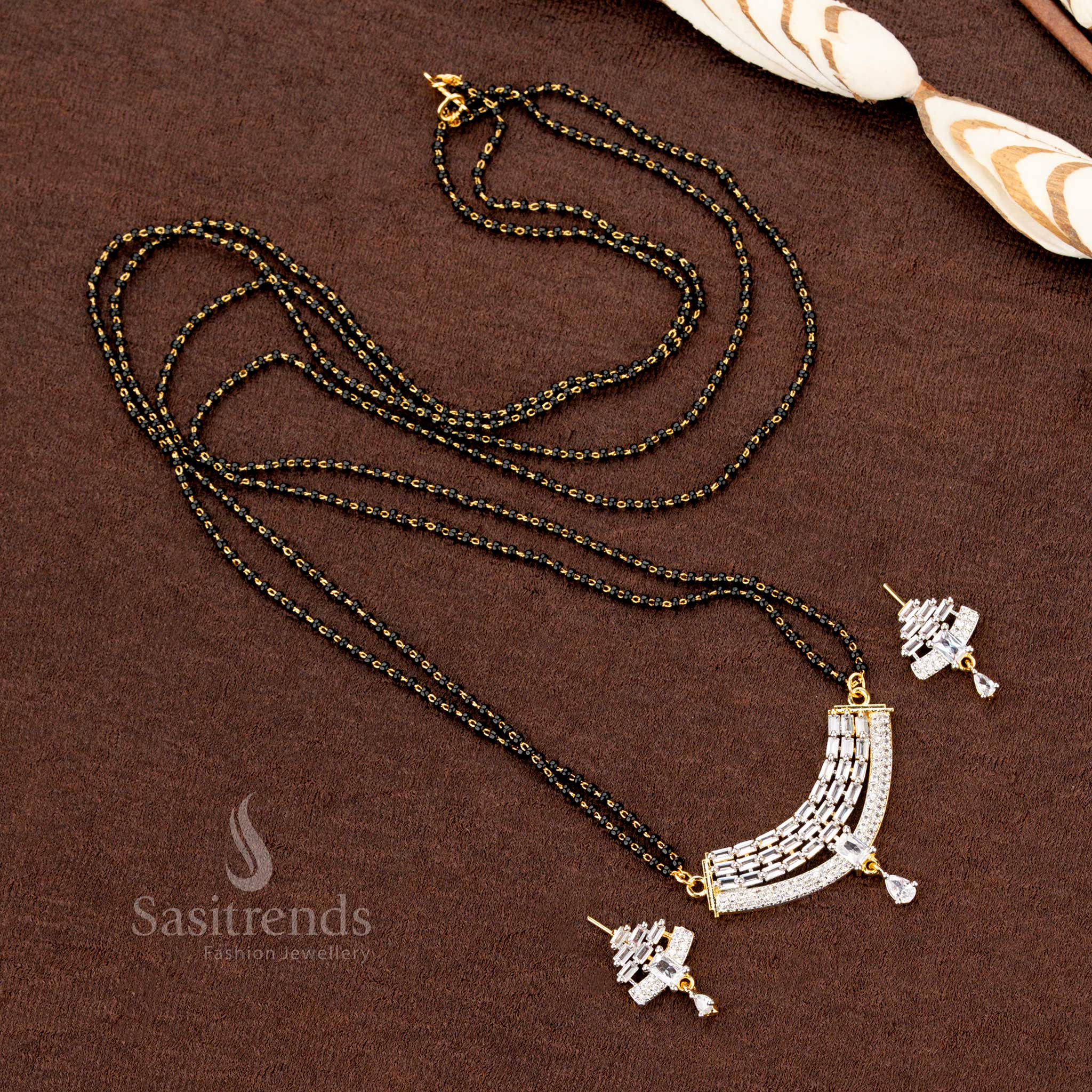 Gold Plated Pendant and Earring Set with Black Beaded Chain - Sasitrends