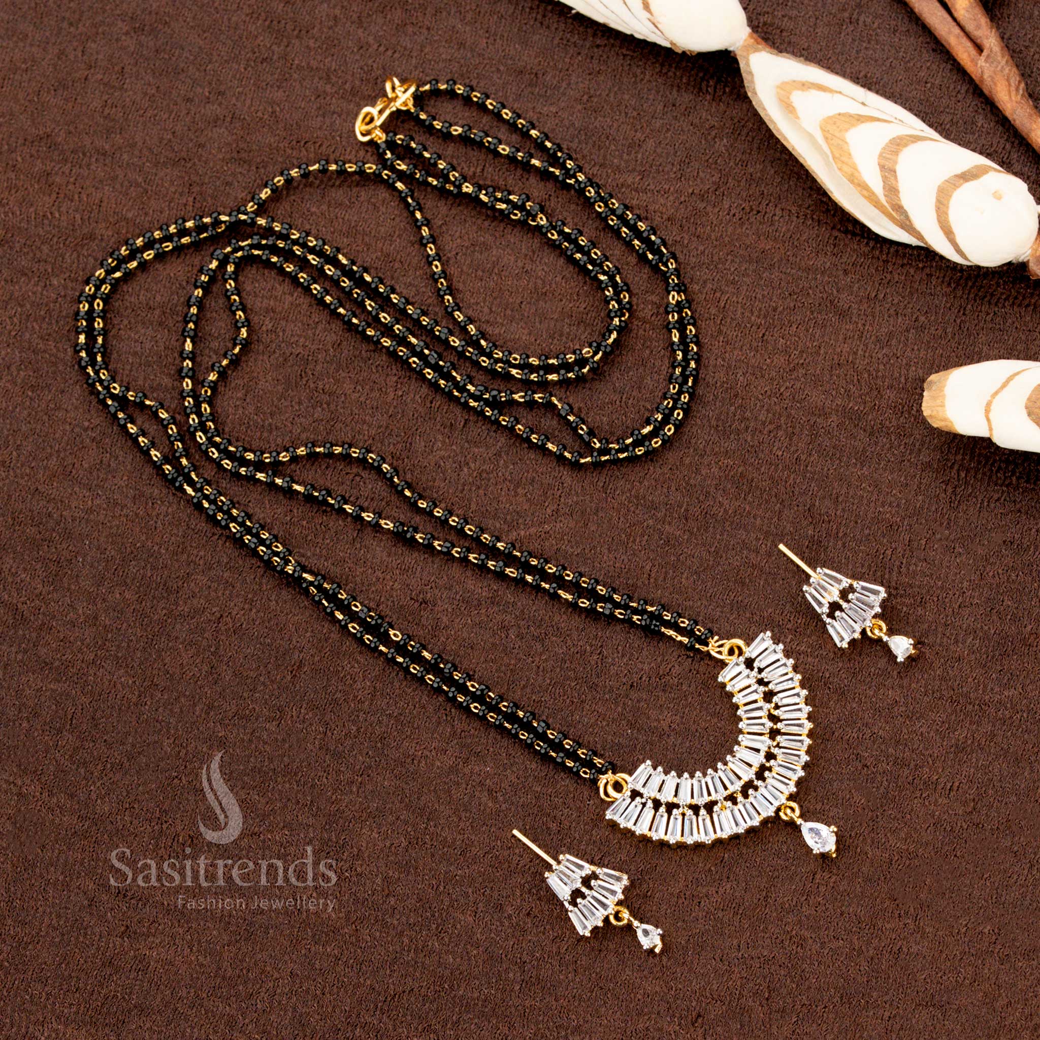 Gold Plated Pendant and Earring Set with Black Beaded Chain - Sasitrends