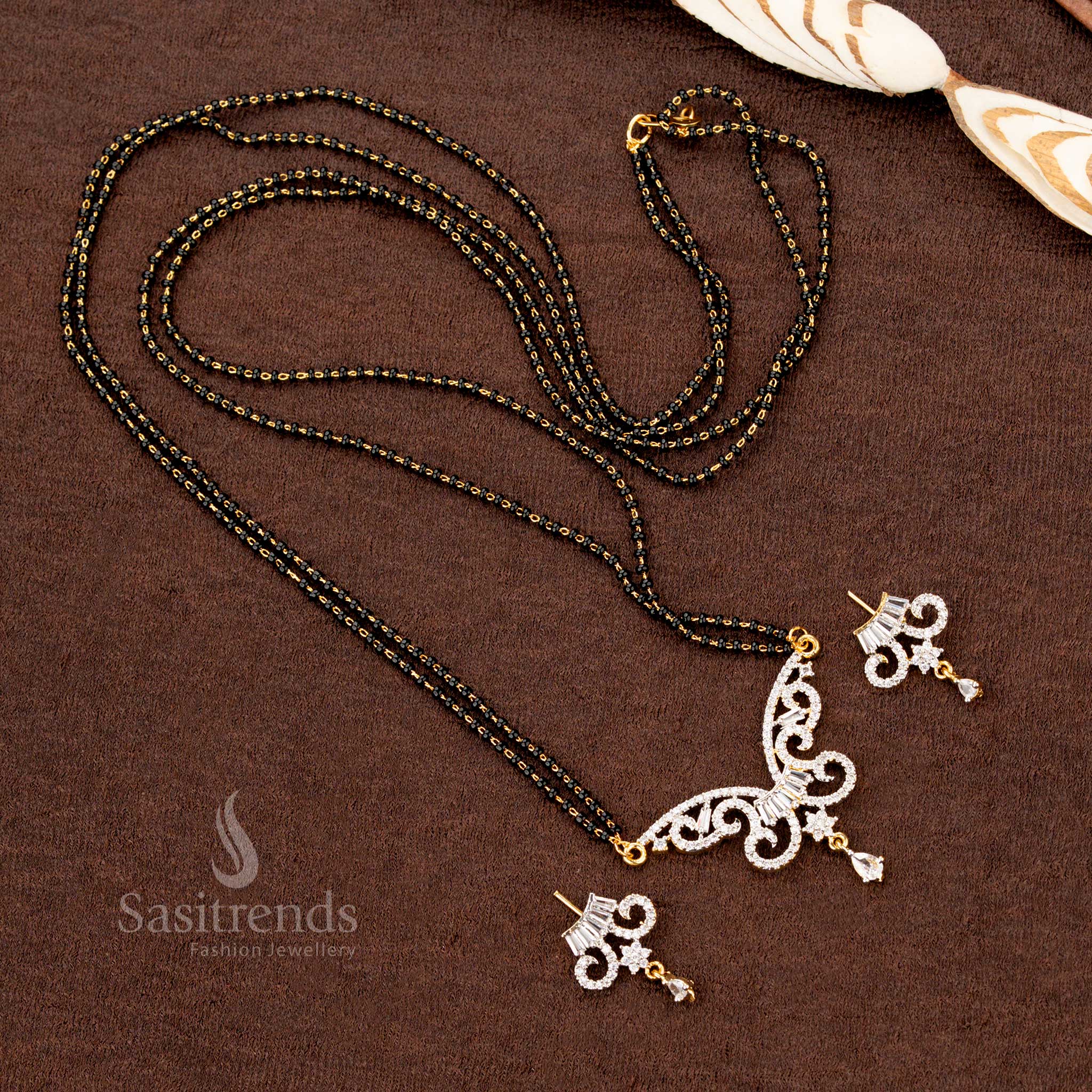 Fan Pattern American Diamond Pendant with Triple Bead Mangalsutra - Sasitrends