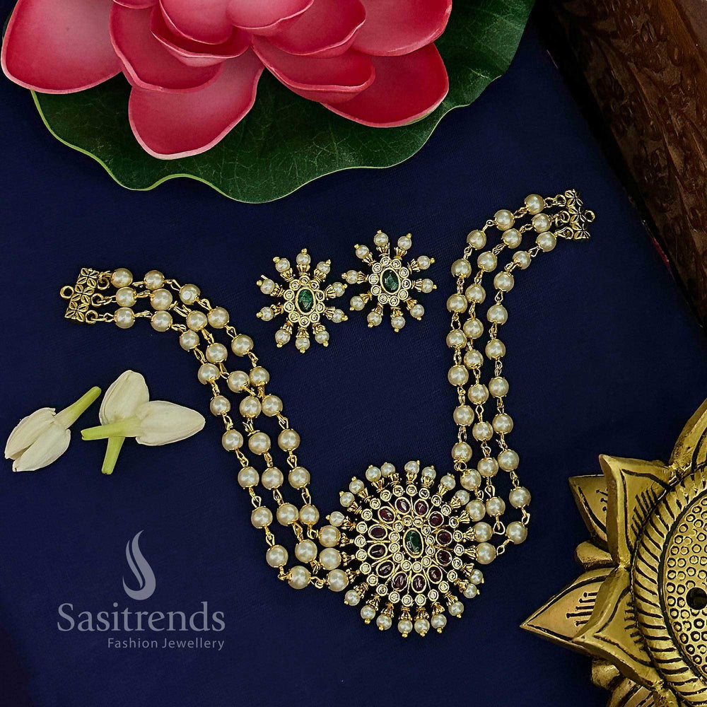Stunning Multi Stone Choker Necklace - Matte Gold Plated Floral Pendant & Earrings