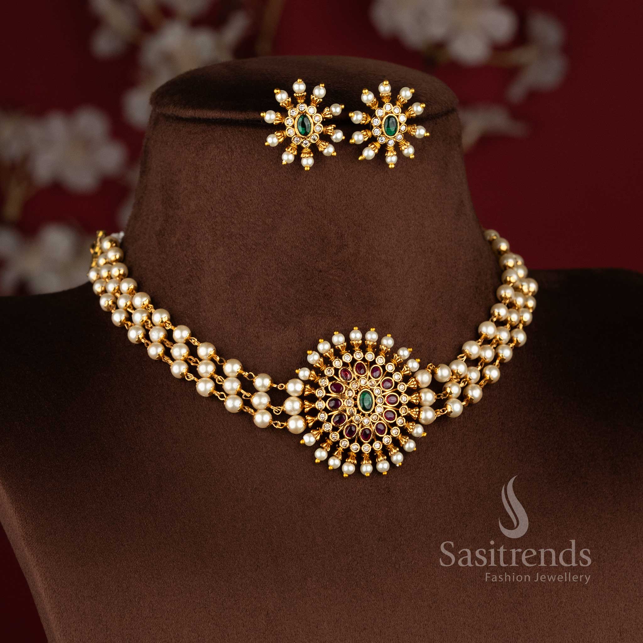 Trendy Three-Layer Pearl Choker Necklace Jewellery Set with Floral Pendant in Multi Stone Design and Temple Matte Gold Plated Finish - Sasitrends