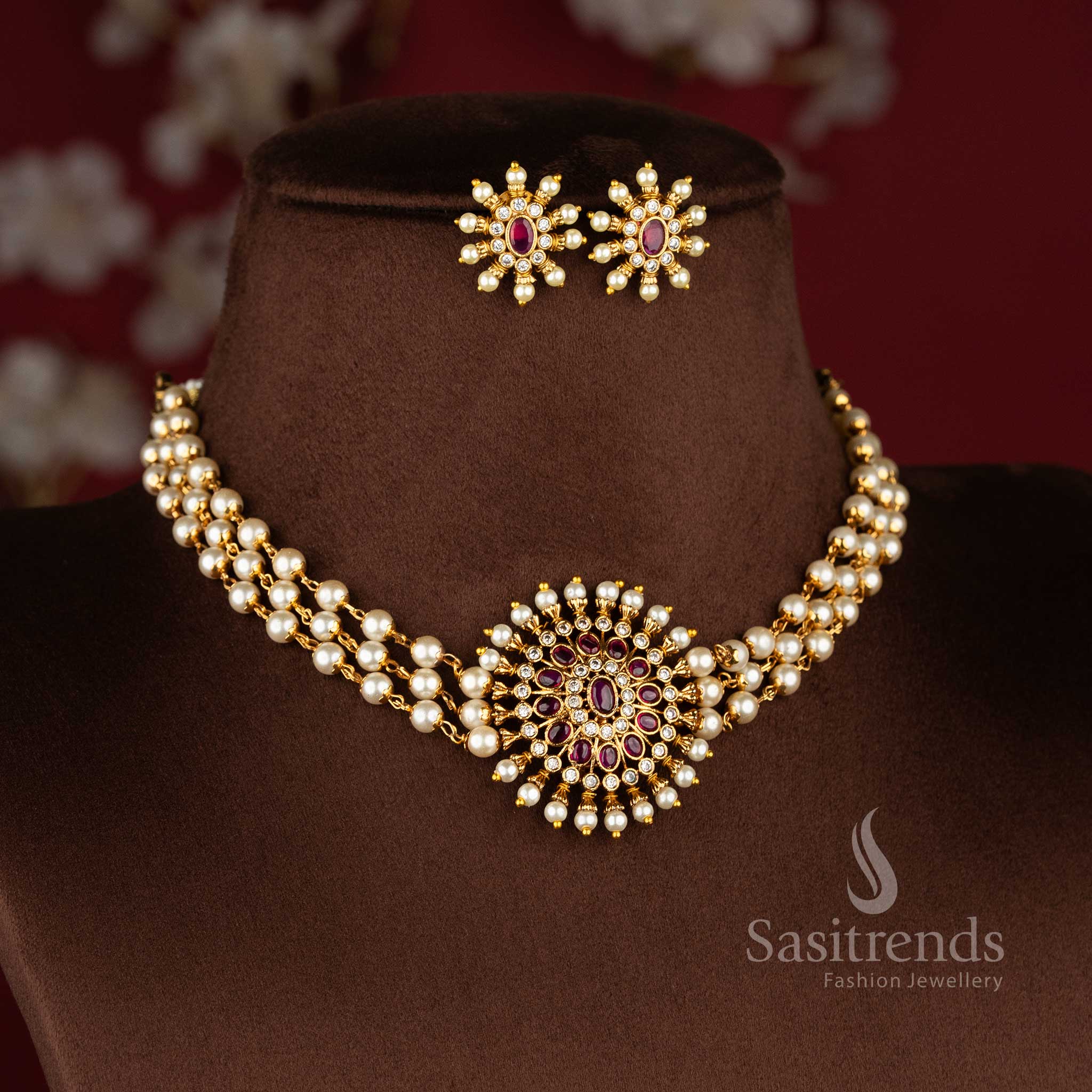 Trendy Three-Layer Pearl Choker Necklace Jewellery Set with Floral Pendant in Ruby White Stone Design and Temple Matte Gold Plated Finish - Sasitrends