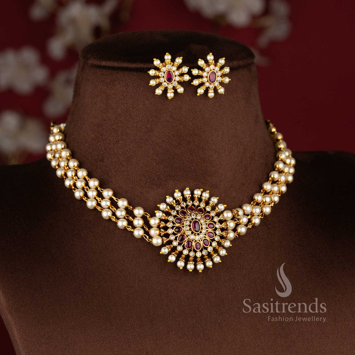 Trendy Three-Layer Pearl Choker Necklace Jewellery Set with Floral Pendant - Temple Matte Gold Plated | Sasitrends