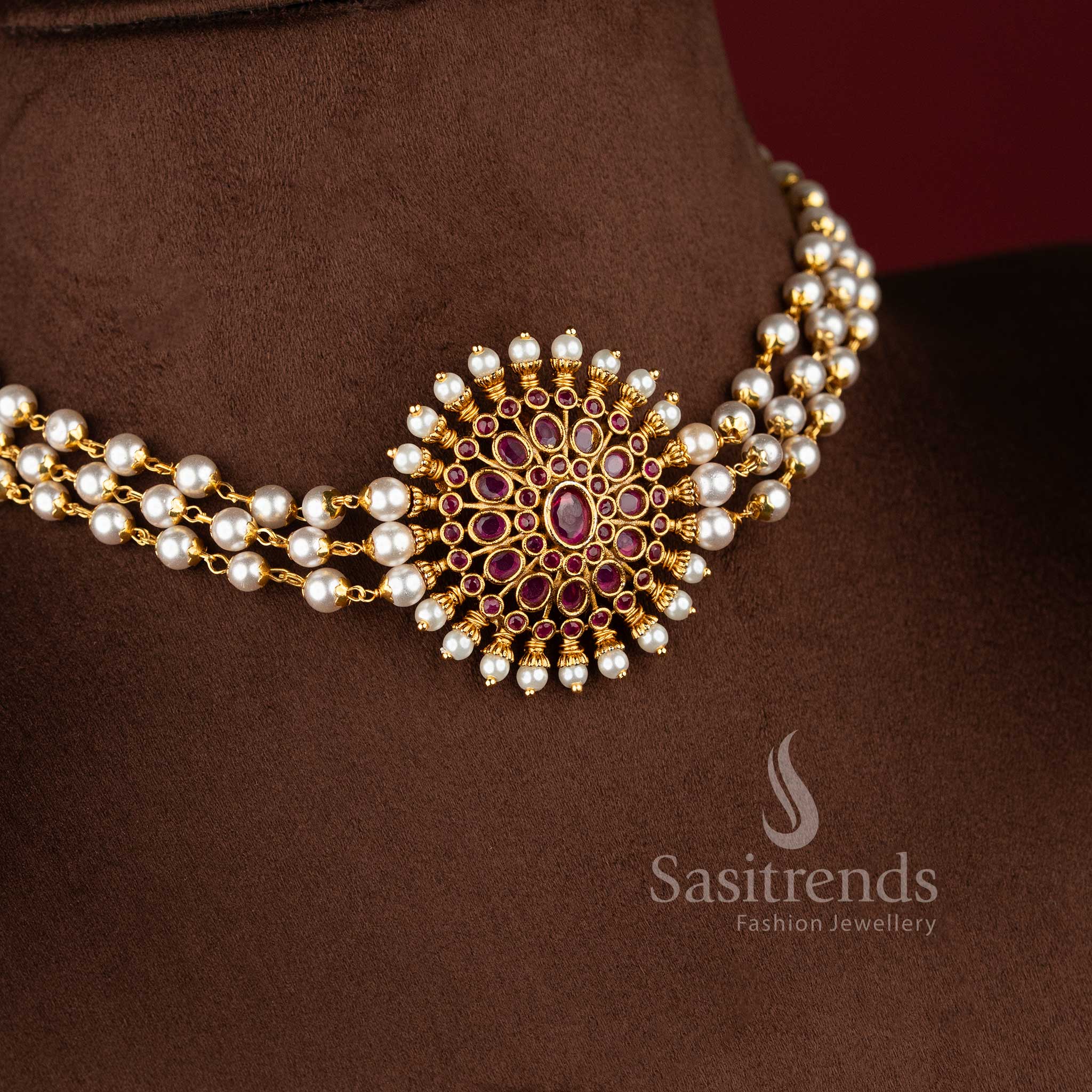 Trendy Three-Layer Pearl Choker Necklace Jewellery Set with Floral Pendant in Ruby White Stone Design and Temple Matte Gold Plated Finish - Sasitrends