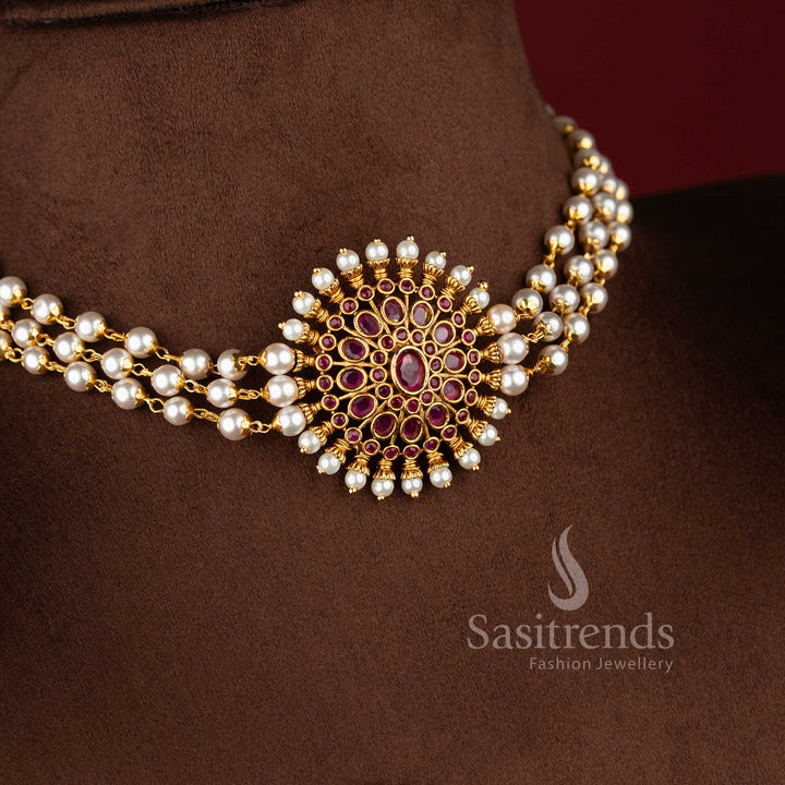 Trendy Three-Layer Pearl Choker Necklace Jewellery Set with Floral Pendant in Ruby White Stone Design and Temple Matte Gold Plated Finish - Sasitrends