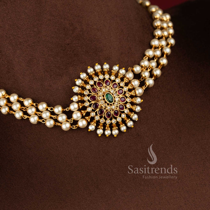 Trendy Three-Layer Pearl Choker Necklace Jewellery Set with Floral Pendant in Multi Stone Design and Temple Matte Gold Plated Finish - Sasitrends