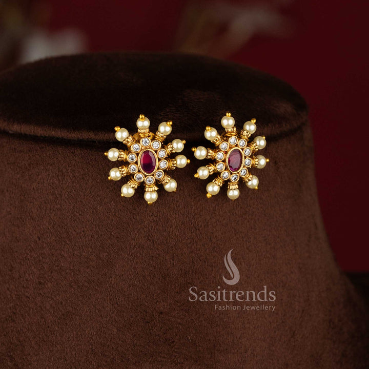 Trendy Three-Layer Pearl Choker Necklace Jewellery Set with Floral Pendant in Multi Stone Design and Temple Matte Gold Plated Finish - Sasitrends