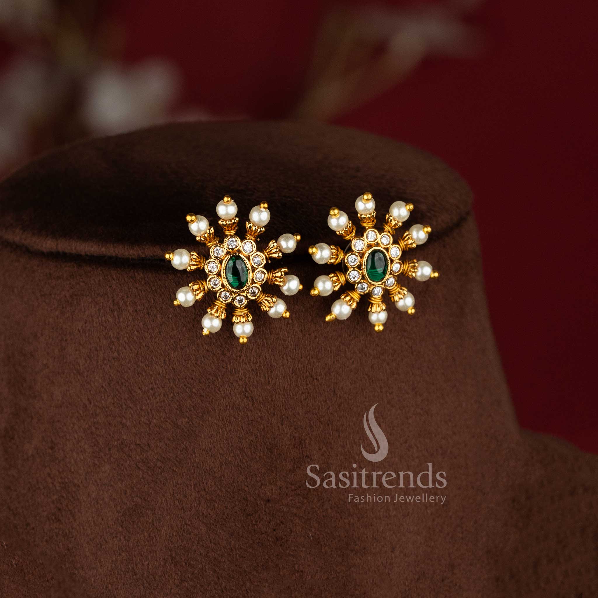 Trendy Three-Layer Pearl Choker Necklace Jewellery Set with Floral Pendant in Multi Stone Design and Temple Matte Gold Plated Finish - Sasitrends