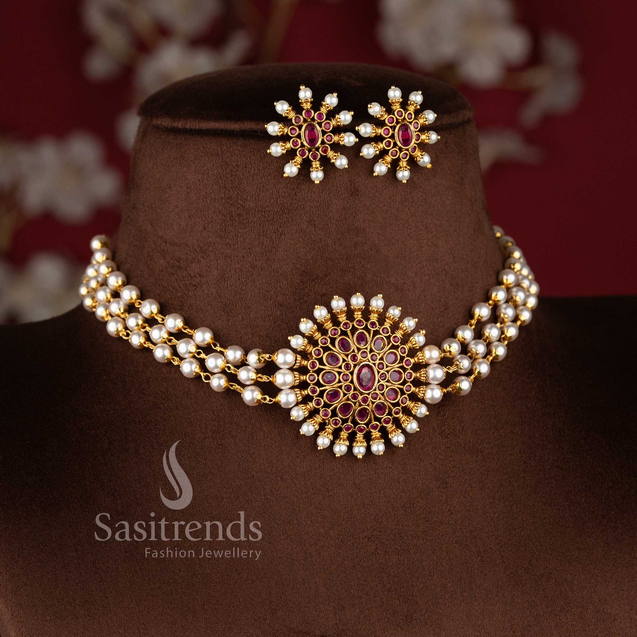 Trendy Three-Layer Pearl Choker Necklace Jewellery Set with Floral Pendant in Ruby White Stone Design and Temple Matte Gold Plated Finish - Sasitrends