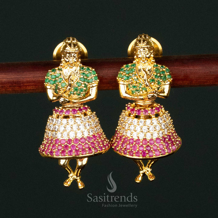 Vibrant multi-color American Diamond gold-plated brass jhumka earrings, exquisite handcrafted ethnic jewellery for cultural celebrations - Sasitrends