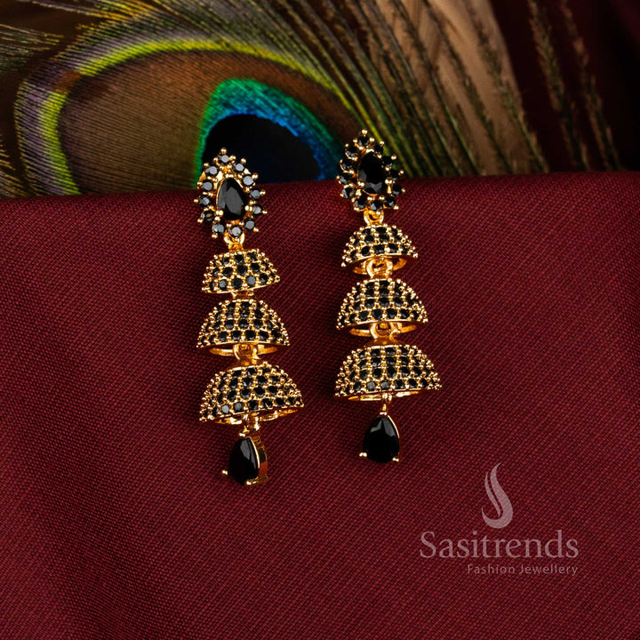 Traditional American Diamond Brass Triple Bell Layer Jhumka Earrings for Cultural Occasions – Sasitrends