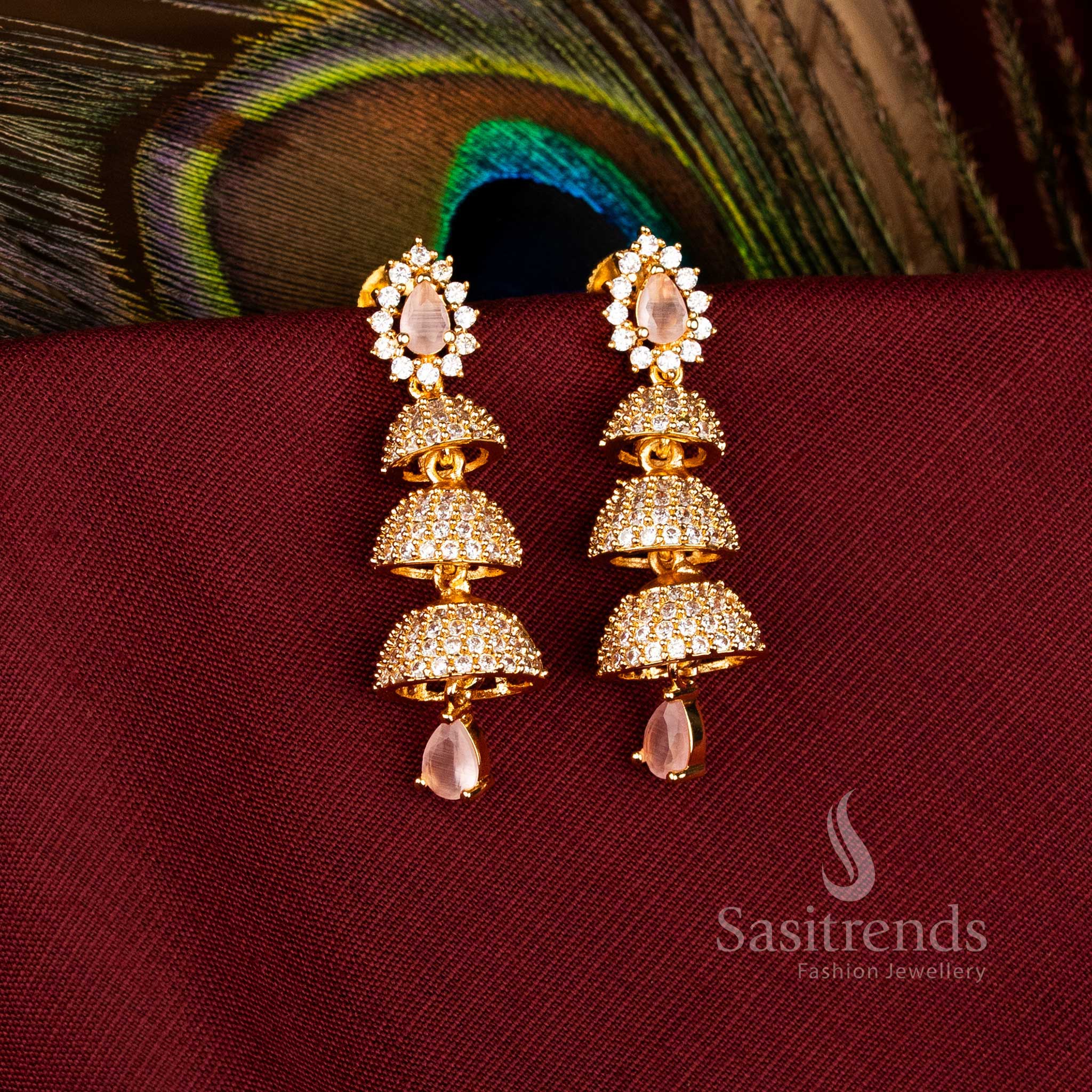 Majestic American Diamond Gold Plated Brass Triple Layer Bell Pattern Jhumka Earrings for Bridal Look – Sasitrends