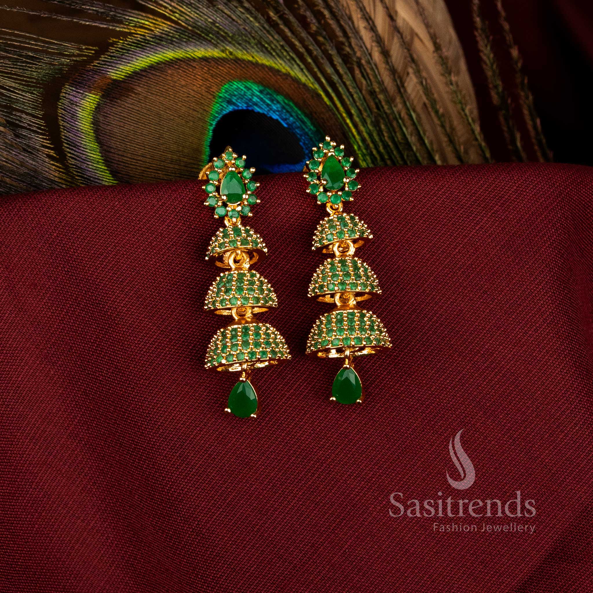 Majestic American Diamond Gold Plated Brass Triple Layer Bell Pattern Jhumka Earrings for Bridal Look – Sasitrends