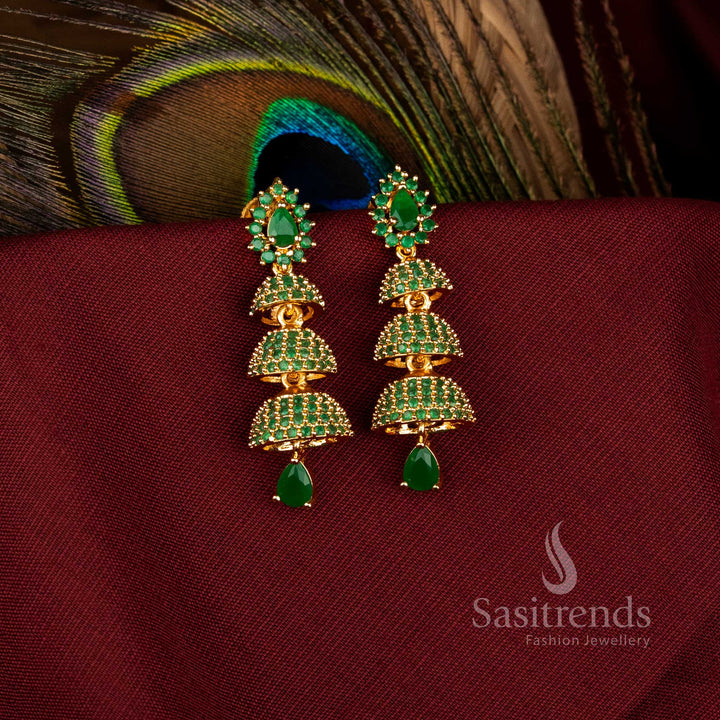 Majestic American Diamond Gold Plated Brass Triple Layer Bell Pattern Jhumka Earrings for Bridal Look – Sasitrends