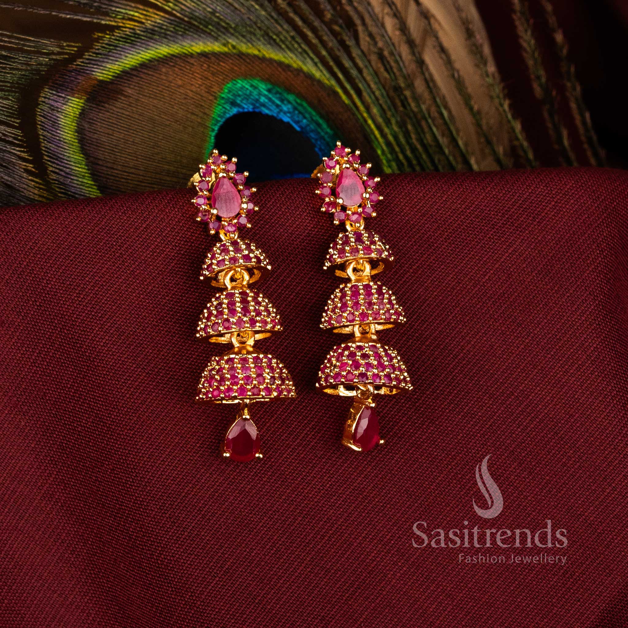 Traditional American Diamond Brass Triple Bell Layer Jhumka Earrings for Cultural Occasions – Sasitrends