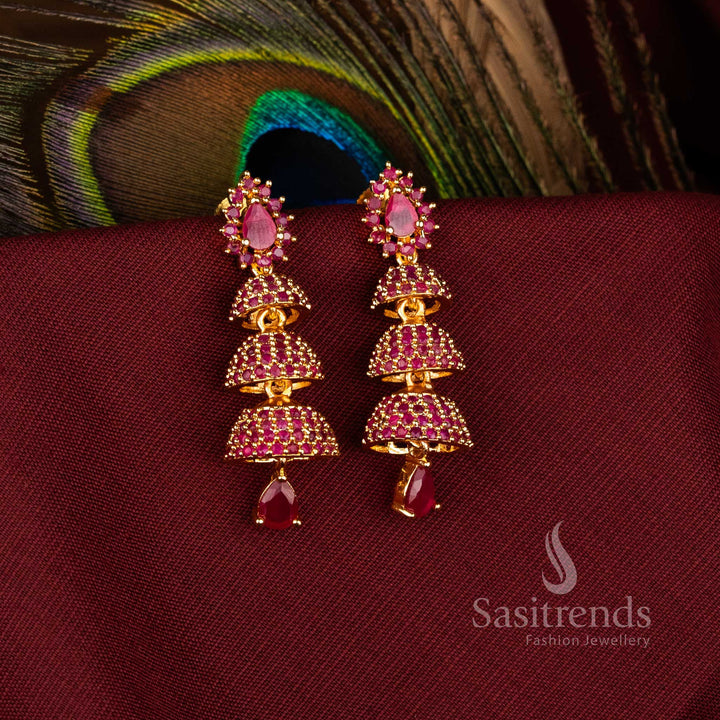 Traditional American Diamond Brass Triple Bell Layer Jhumka Earrings for Cultural Occasions – Sasitrends