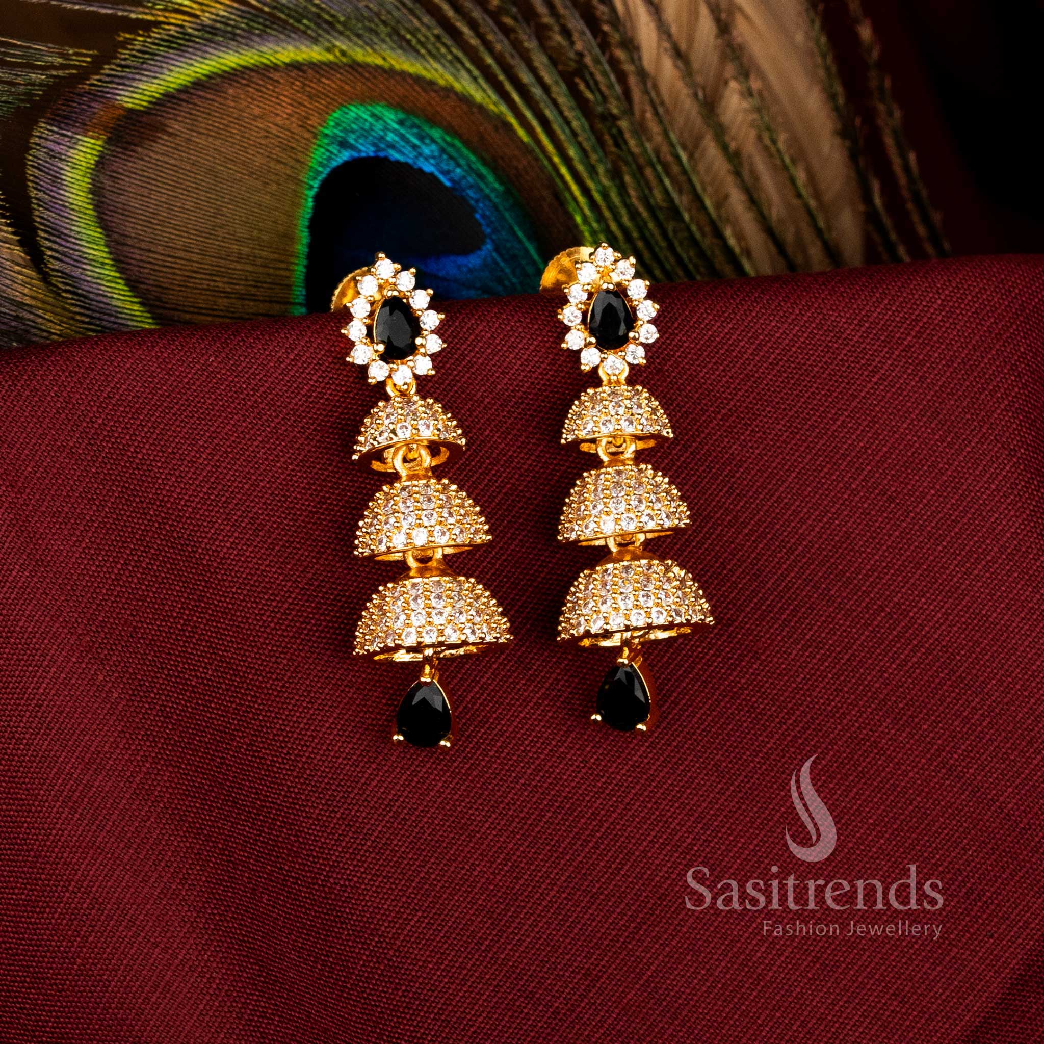 Traditional American Diamond Brass Triple Bell Layer Jhumka Earrings for Cultural Occasions – Sasitrends
