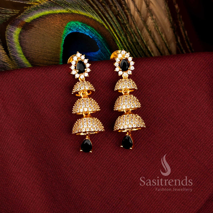 Traditional American Diamond Brass Triple Bell Layer Jhumka Earrings for Cultural Occasions – Sasitrends