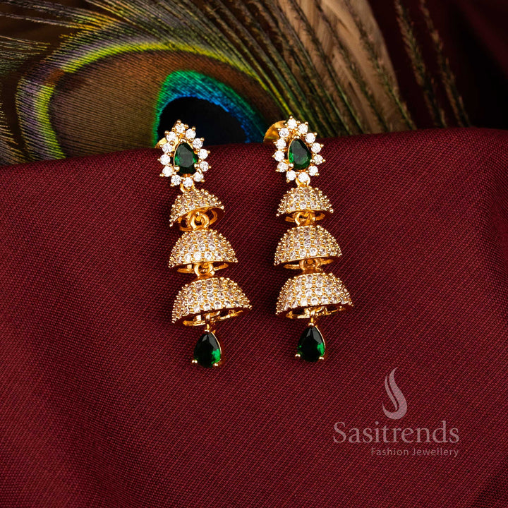 Majestic American Diamond Gold Plated Brass Triple Layer Bell Pattern Jhumka Earrings for Bridal Look – Sasitrends