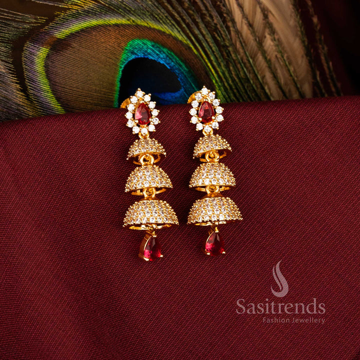Majestic American Diamond Gold Plated Brass Triple Layer Bell Pattern Jhumka Earrings for Bridal Look – Sasitrends