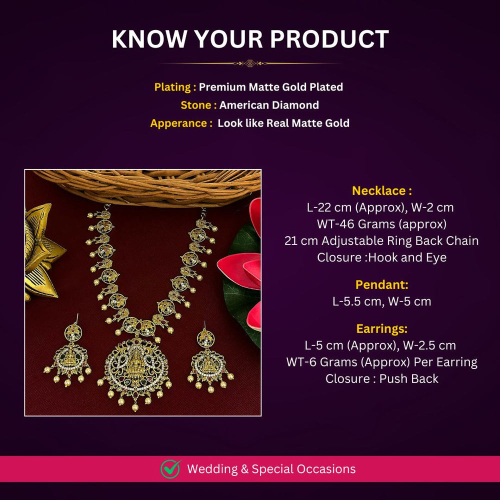 Graceful Temple Matte Gold Tone AD Lakshmi & Peacock Pearl Jewellery Set | Sasitrends - Sasitrends