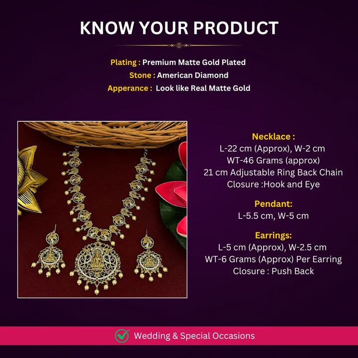 Graceful Temple Matte Gold Tone AD Lakshmi & Peacock Pearl Jewellery Set | Sasitrends - Sasitrends