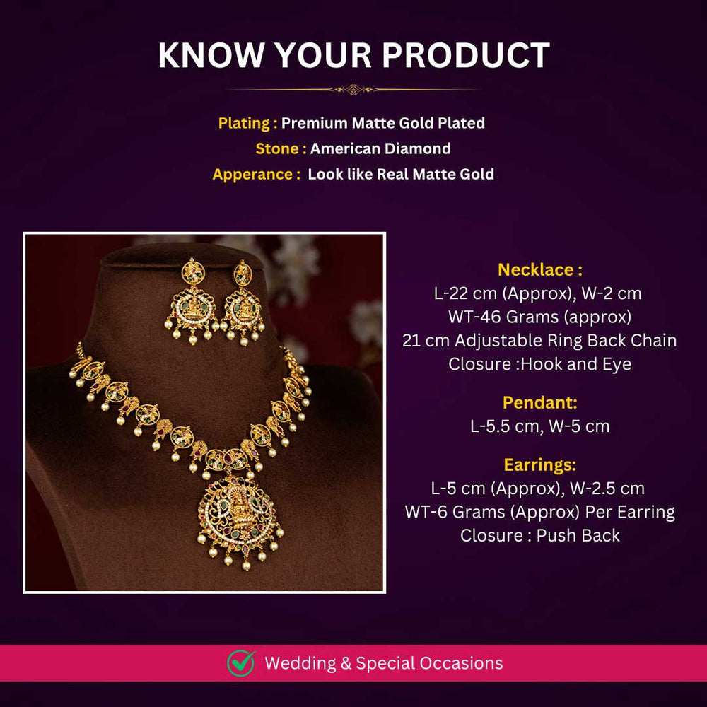 Matte Gold plated AD necklace jewellery set measurement image - Sasitrends