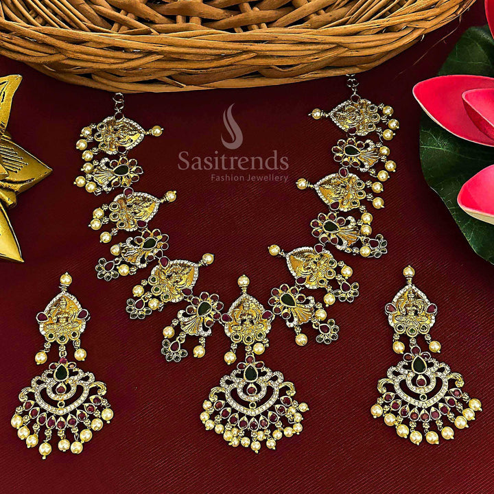 Traditional Bridal Lakshmi & AD Stones Temple Matte Gold Plated Pearl Jewellery Set for Women | Sasitrends