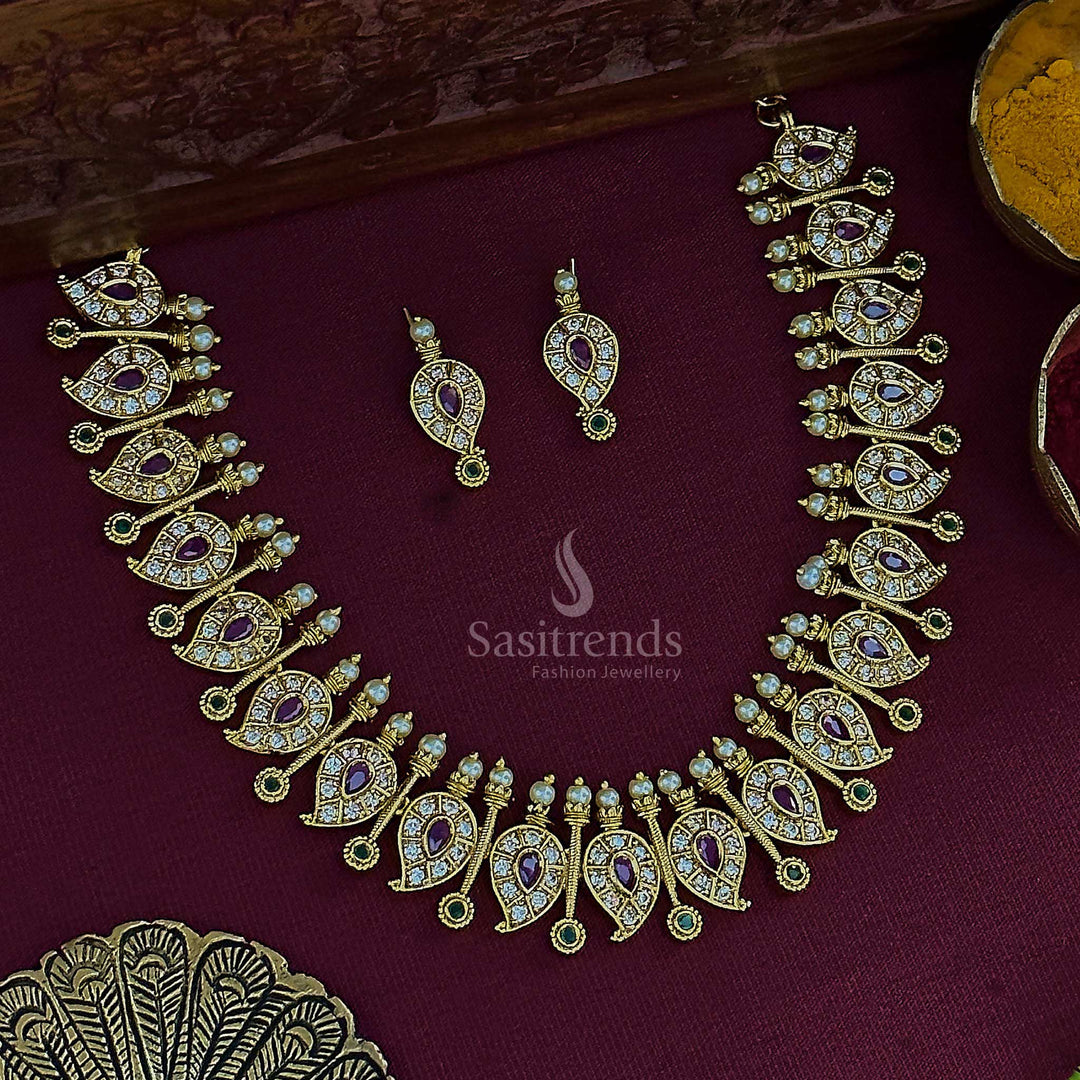 Traditional necklace with multi-color mango and stick motifs, adorned with American diamond stones, pearls, and colorful stones - Sasitrends