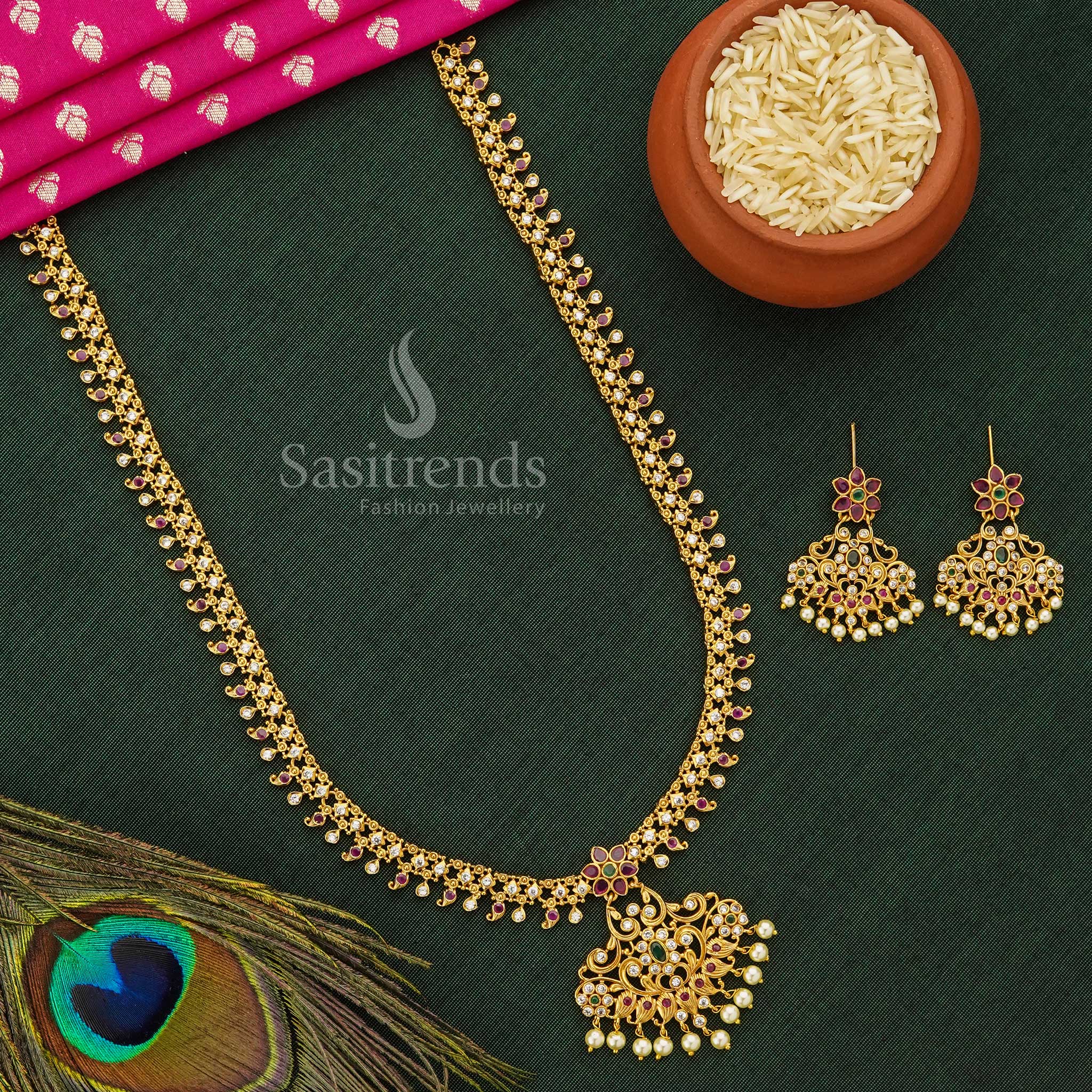 Festive Coloured AD Stone Long Jewellery Set With Hanging Pearls In Temple Matte Gold Tone, Traditional Handcrafted Design For Sarees And Bridal Wear – Sasitrends