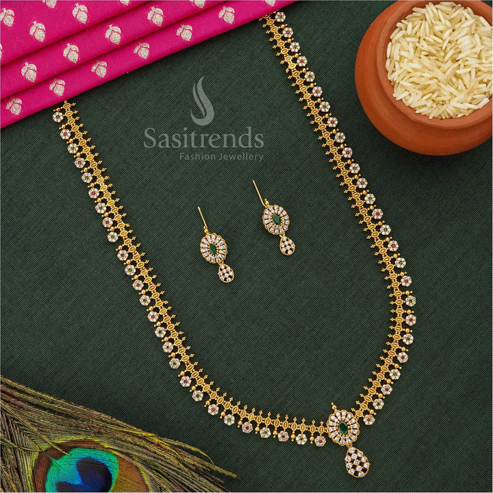 Temple Matte Gold Plated Long Jewellery Set In Multi Colour Featuring AD Stones With Leaf And Flower Motifs, Perfect For Traditional Sarees And Festive Celebrations – Sasitrends